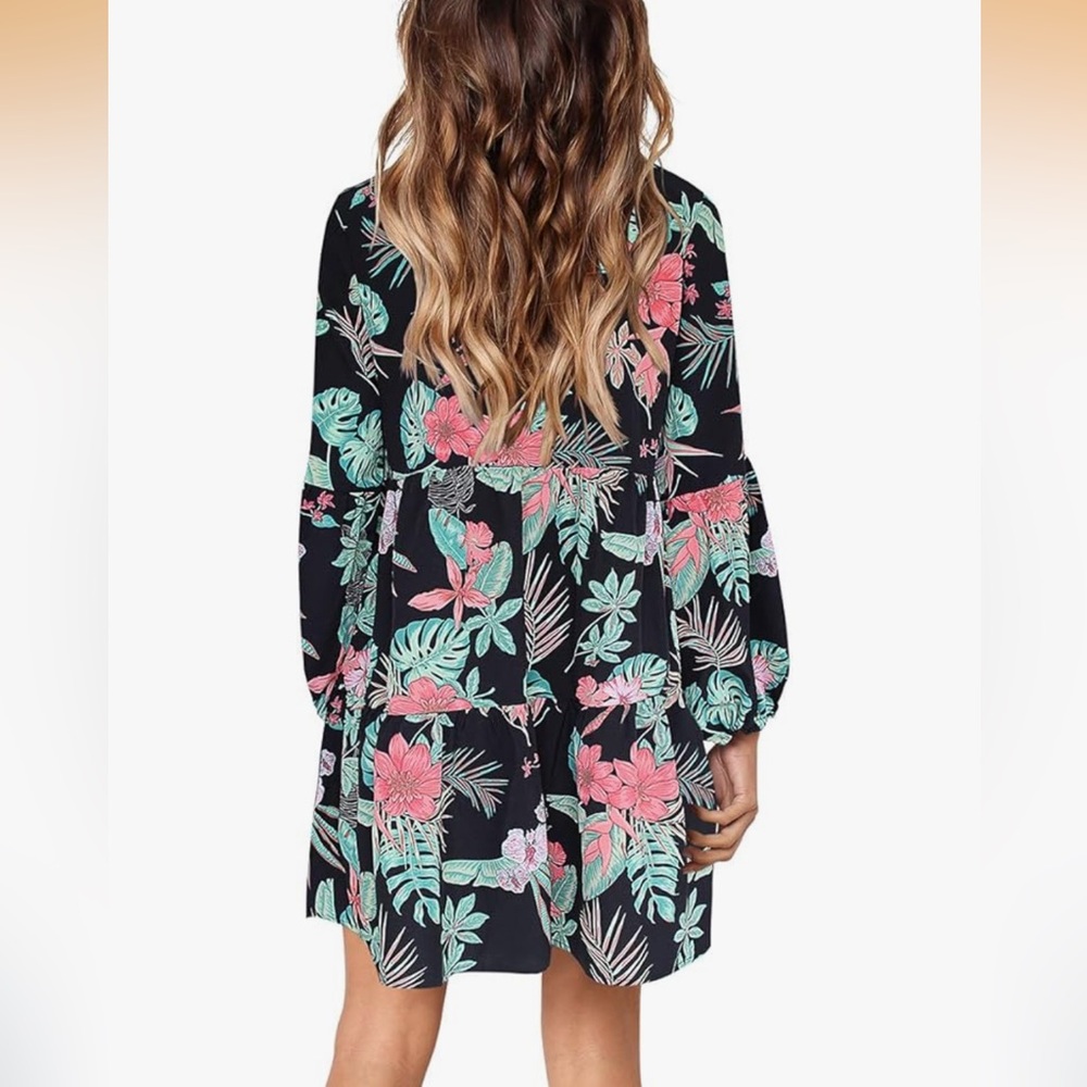 Boutique Brand Size Medium Black and Pink Floral Tropical Swing Dress - Picture 2 of 8